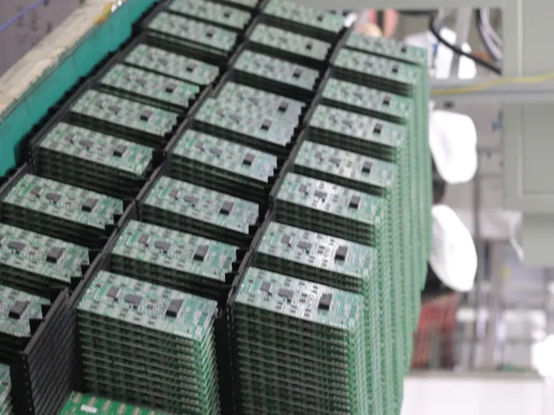 Bare PCB panels in vertical black trays at fabrication area