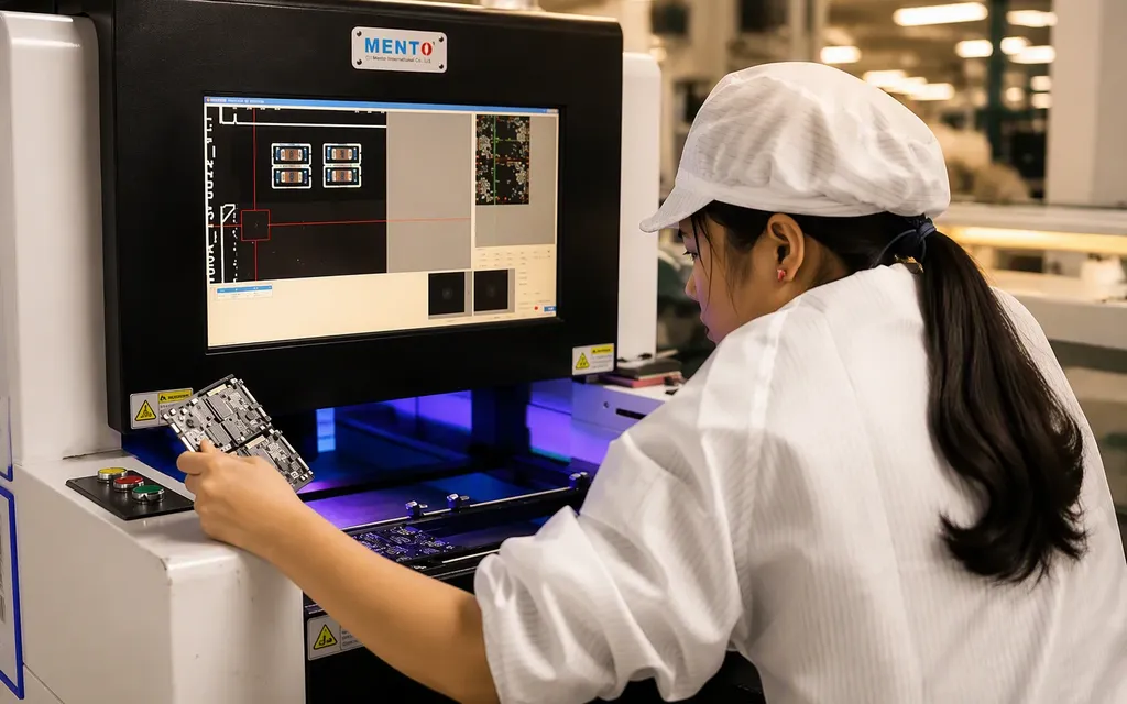 MENTO machine vision AOI — female operator inspecting PCB