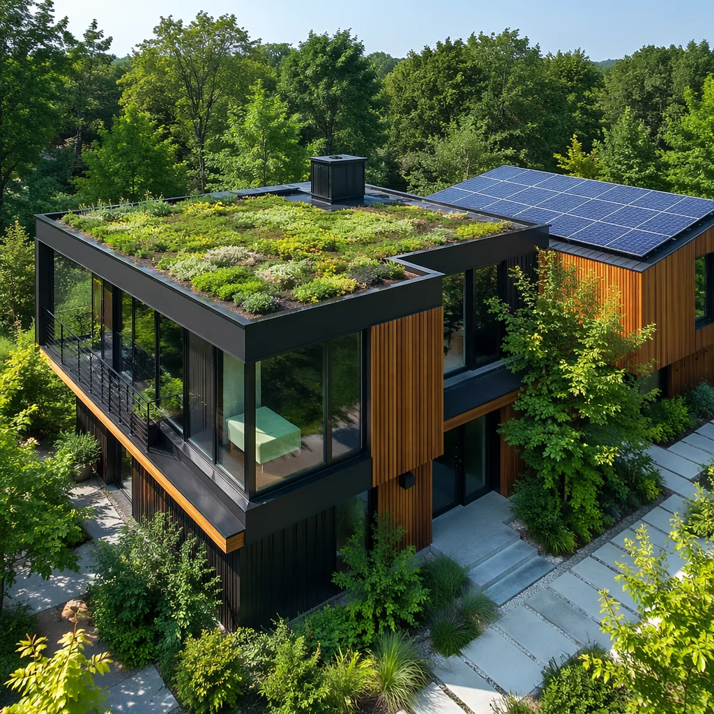 Modern modular building with green roof garden and solar panels surrounded by trees